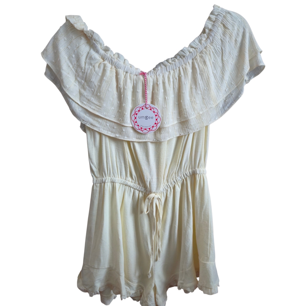 UMGEE Cream Boho Off Shoulder Romper Size S M Swiss Dot Swim Cover Up Beach